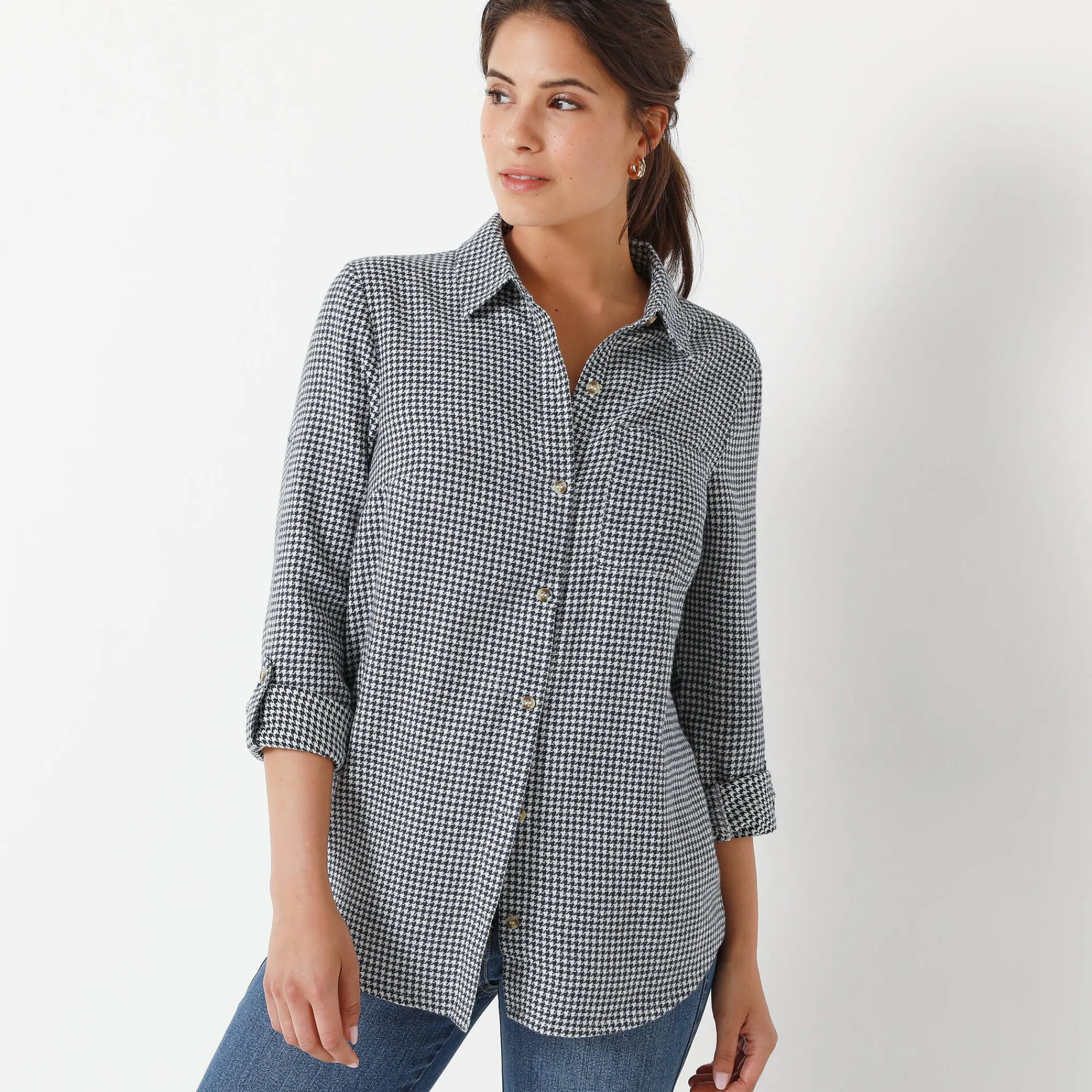 Bloes En Tuniek<Blancheporte Flanellen hemd in pied-de-poule marine / ecru