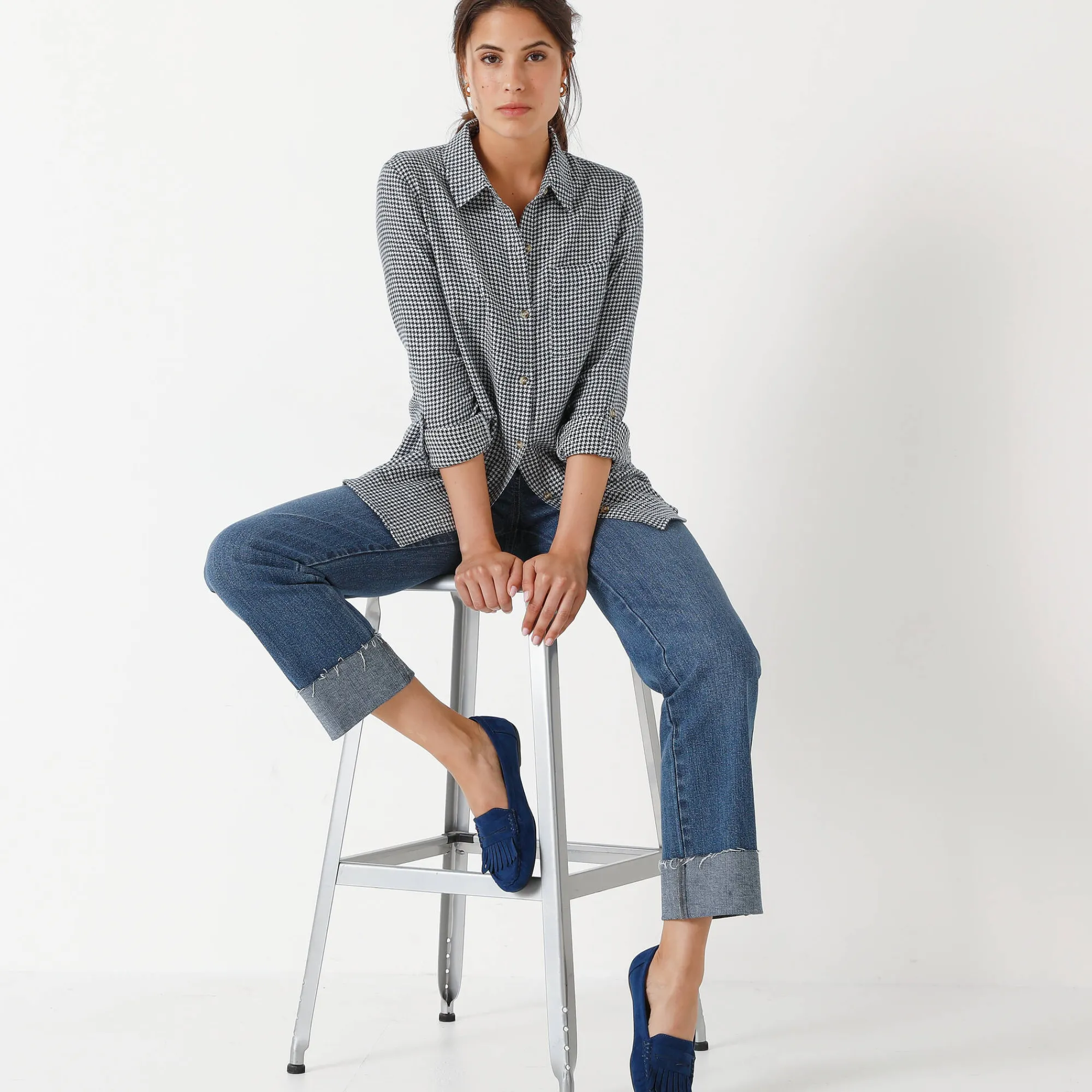 Bloes En Tuniek<Blancheporte Flanellen hemd in pied-de-poule marine / ecru