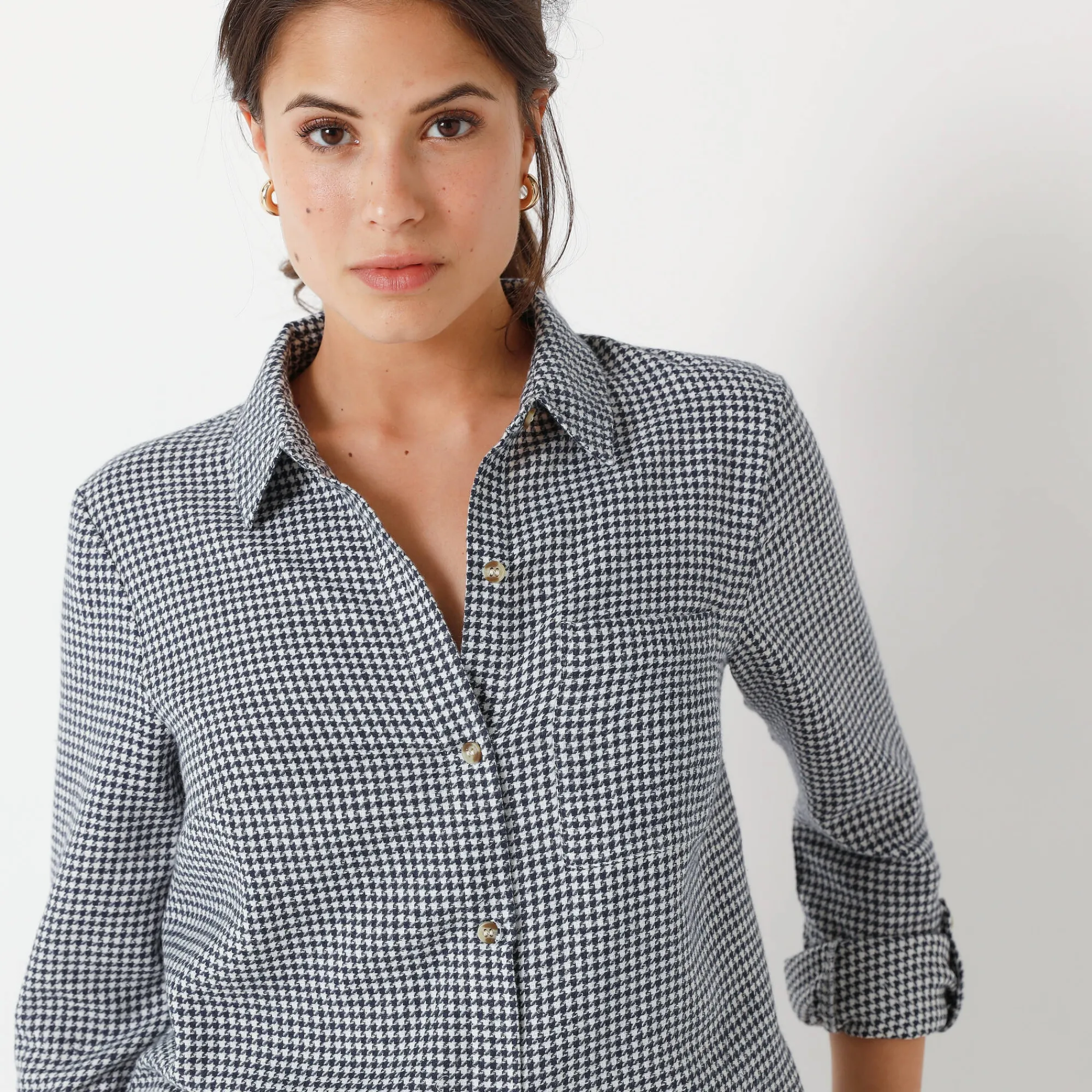 Bloes En Tuniek<Blancheporte Flanellen hemd in pied-de-poule marine / ecru