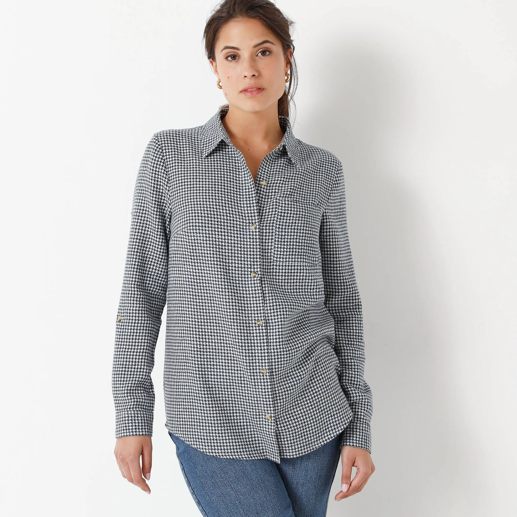 Bloes En Tuniek<Blancheporte Flanellen hemd in pied-de-poule marine / ecru