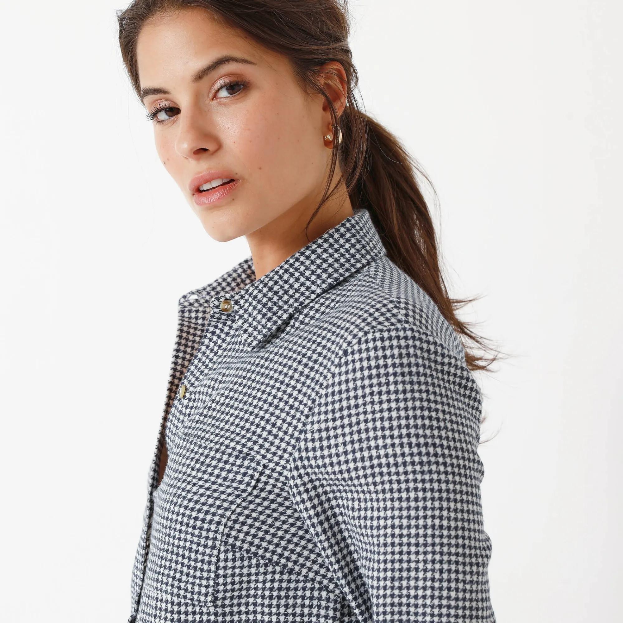 Bloes En Tuniek<Blancheporte Flanellen hemd in pied-de-poule marine / ecru