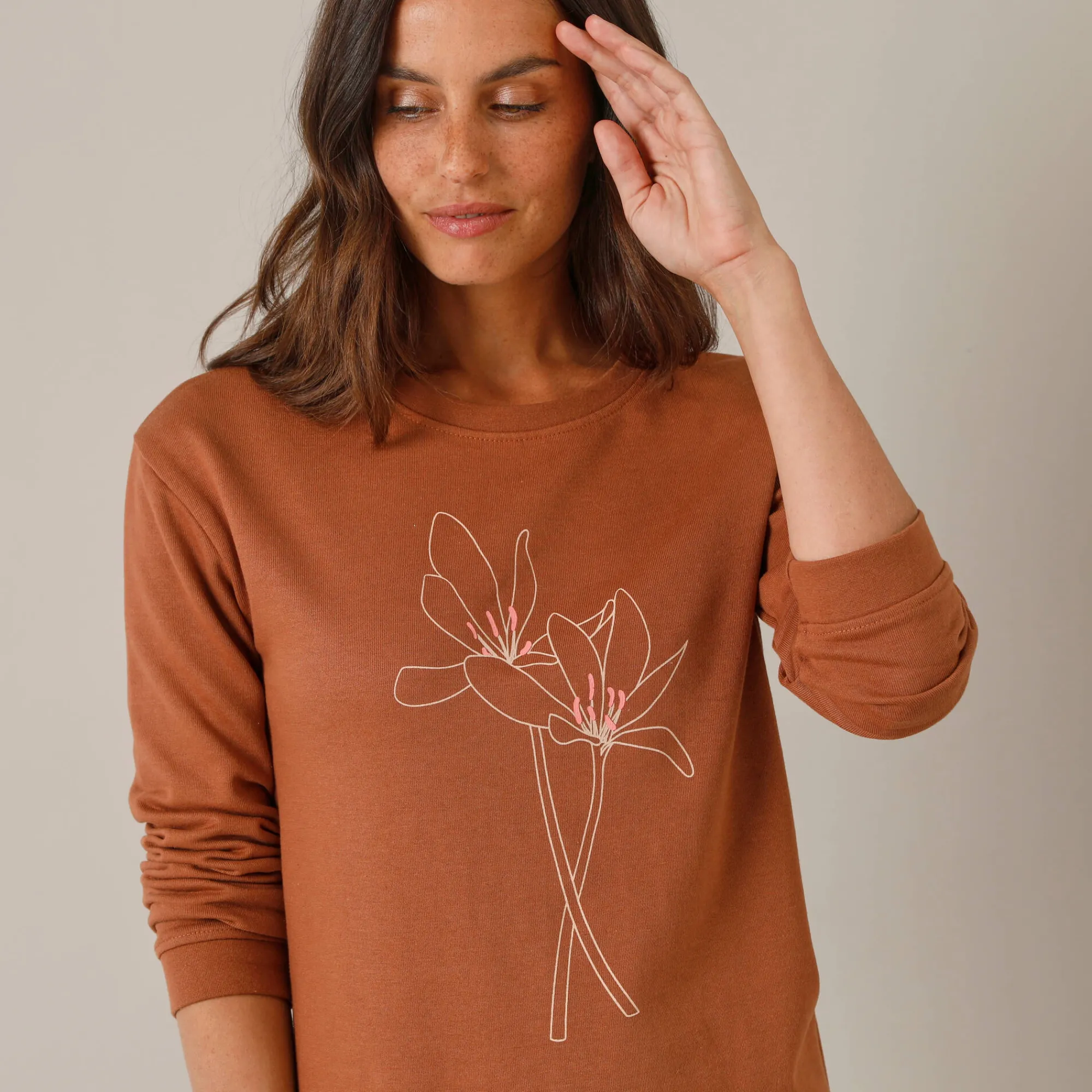 Pyjama<Blancheporte Fleece pyjamabroek met bloemenprint hazelnootbruin / chocolade