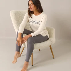 Pyjama<Blancheporte Fleece pyjamabroek met legging, ‘relax’-print ecru / grijs