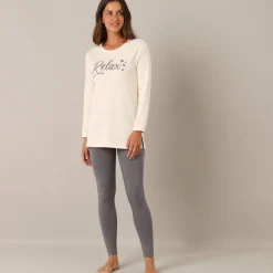 Pyjama<Blancheporte Fleece pyjamabroek met legging, ‘relax’-print ecru / grijs
