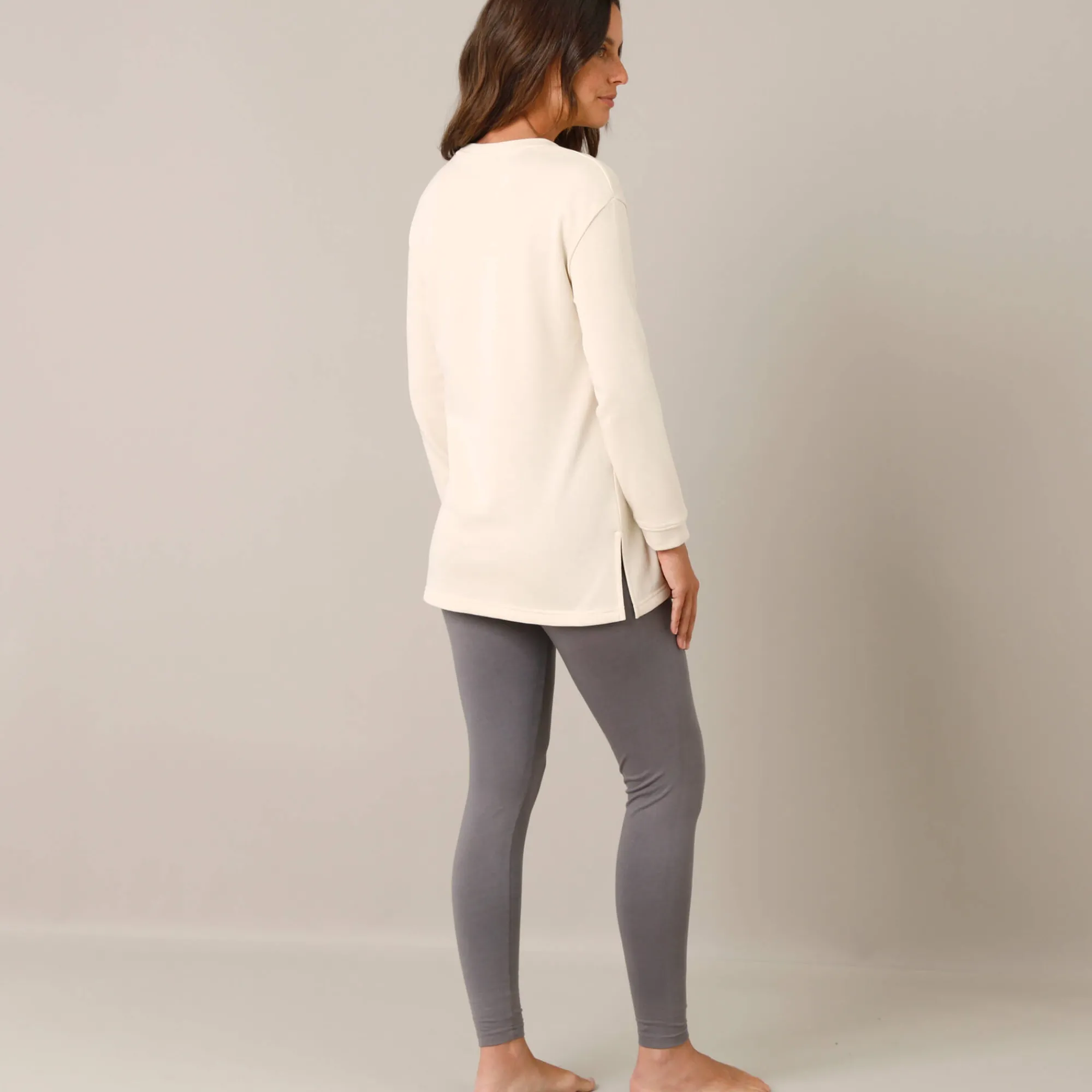 Pyjama<Blancheporte Fleece pyjamabroek met legging, ‘relax’-print ecru / grijs