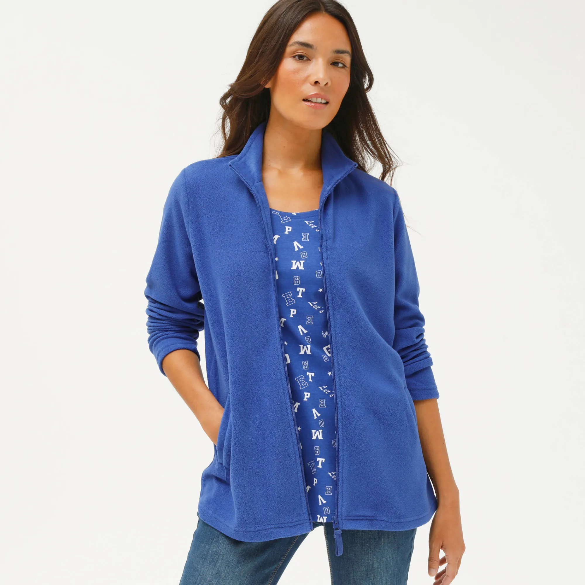Trui En Vest<Blancheporte Fleecejasje met rits en lange mouwen felblauw