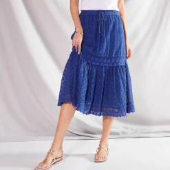 Rok<Blancheporte Fronsrok met kant en macramé blauw