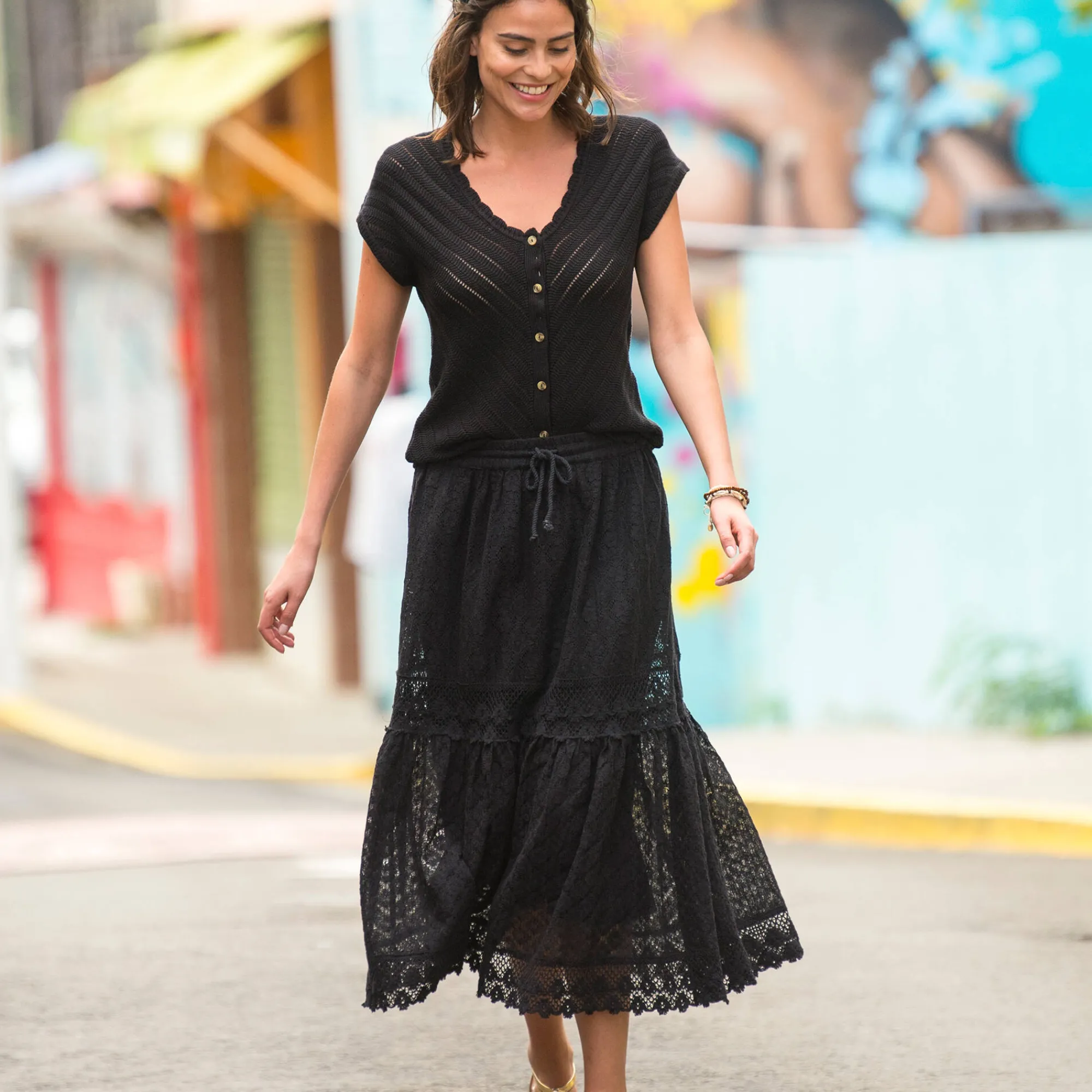 Rok<Blancheporte Fronsrok met kant en macramé zwart