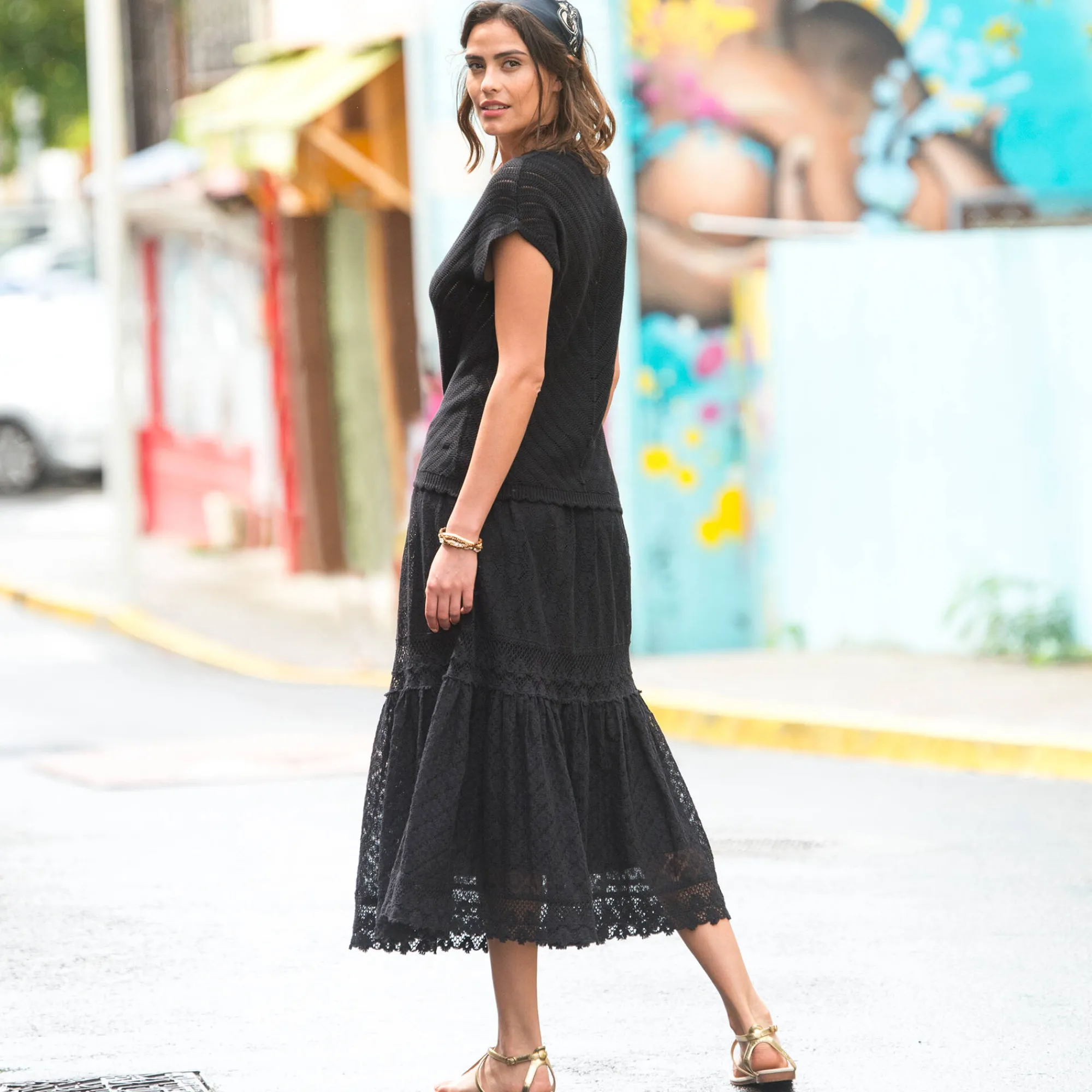 Rok<Blancheporte Fronsrok met kant en macramé zwart