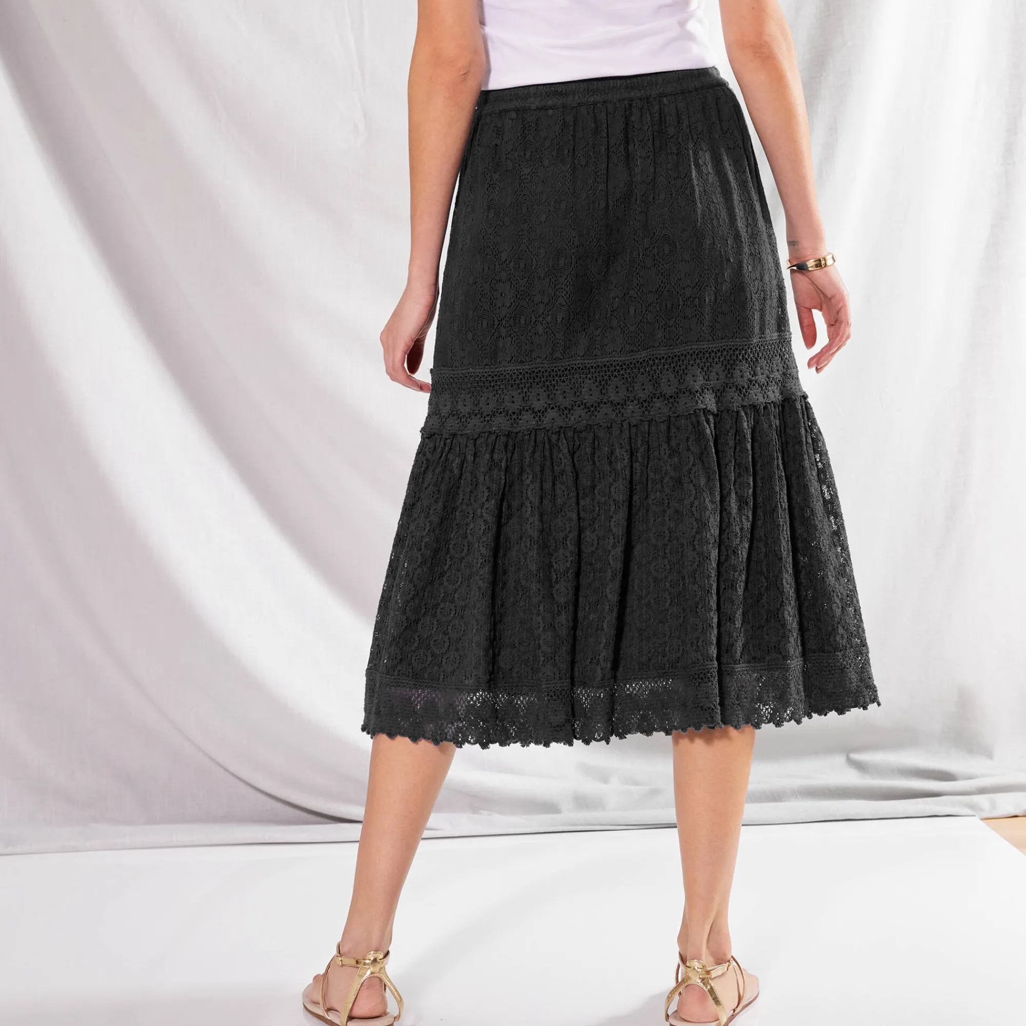 Rok<Blancheporte Fronsrok met kant en macramé zwart