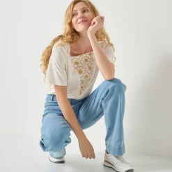 T-Shirt En Topje<Blancheporte Geborduurd boxy T-shirt, korte wijde mouwen ecru