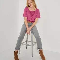 T-Shirt En Topje<Blancheporte Geborduurd boxy T-shirt, korte wijde mouwen vijgenkleur