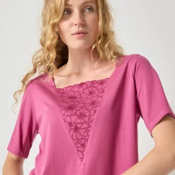 T-Shirt En Topje<Blancheporte Geborduurd boxy T-shirt, korte wijde mouwen vijgenkleur