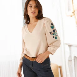 T-Shirt En Topje<Blancheporte Geborduurd T-shirt met V-hals, 3/4-mouwen beige / blauw