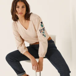 T-Shirt En Topje<Blancheporte Geborduurd T-shirt met V-hals, 3/4-mouwen beige / blauw