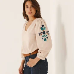 T-Shirt En Topje<Blancheporte Geborduurd T-shirt met V-hals, 3/4-mouwen beige / blauw