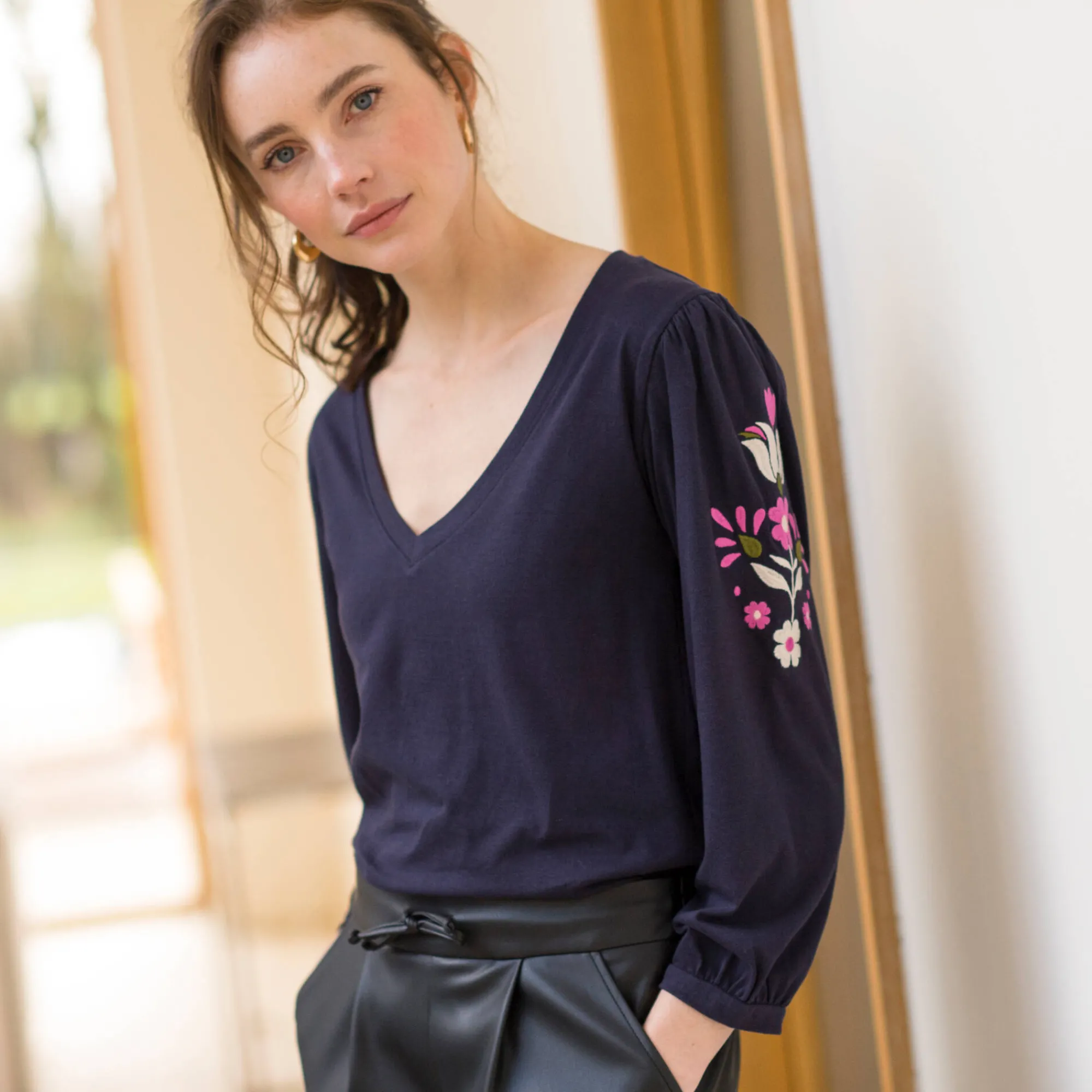 T-Shirt En Topje<Blancheporte Geborduurd T-shirt met V-hals, 3/4-mouwen indigo