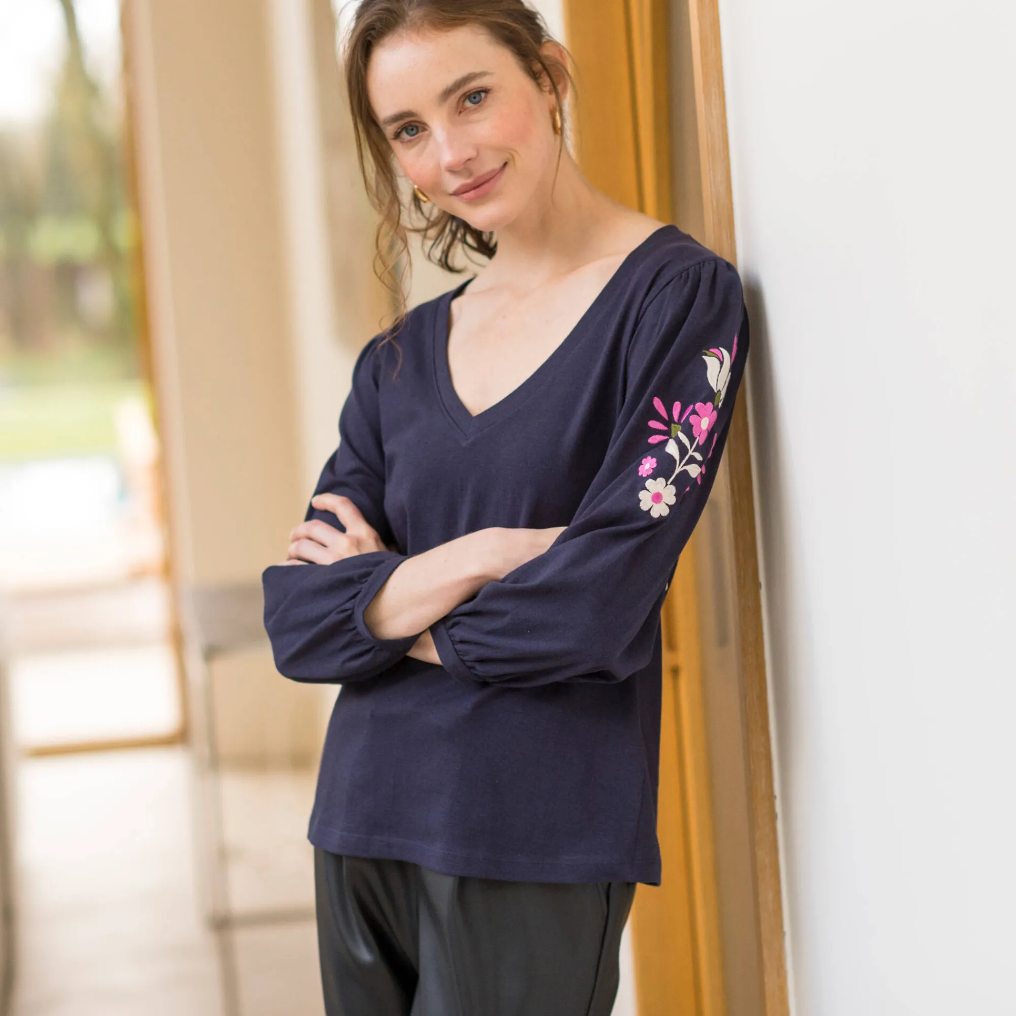 T-Shirt En Topje<Blancheporte Geborduurd T-shirt met V-hals, 3/4-mouwen indigo