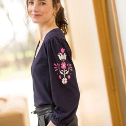 T-Shirt En Topje<Blancheporte Geborduurd T-shirt met V-hals, 3/4-mouwen indigo