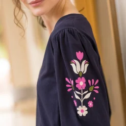 T-Shirt En Topje<Blancheporte Geborduurd T-shirt met V-hals, 3/4-mouwen indigo