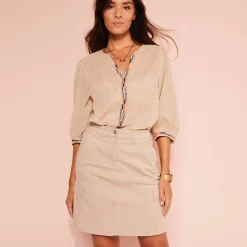 Bloes En Tuniek<Blancheporte Geborduurde bloes in effen katoen, 3/4-mouwen beige