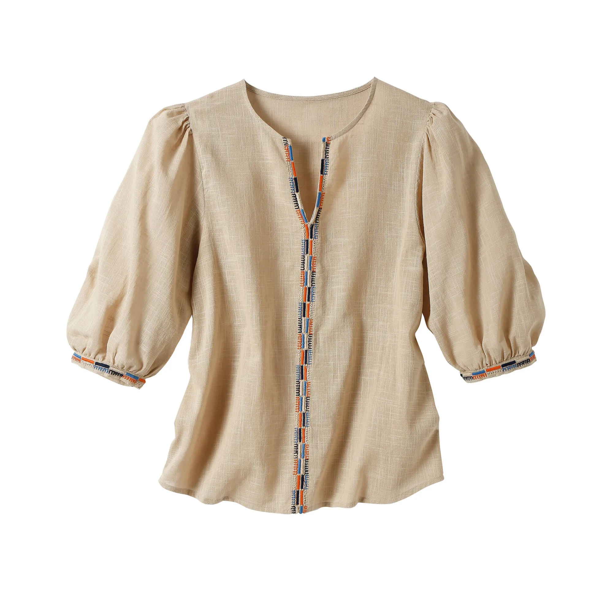 Bloes En Tuniek<Blancheporte Geborduurde bloes in effen katoen, 3/4-mouwen beige
