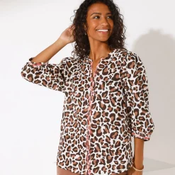 Bloes En Tuniek<Blancheporte Geborduurde bloes met 3/4-mouwen, luipaardprint ecru / hazelnootbruin