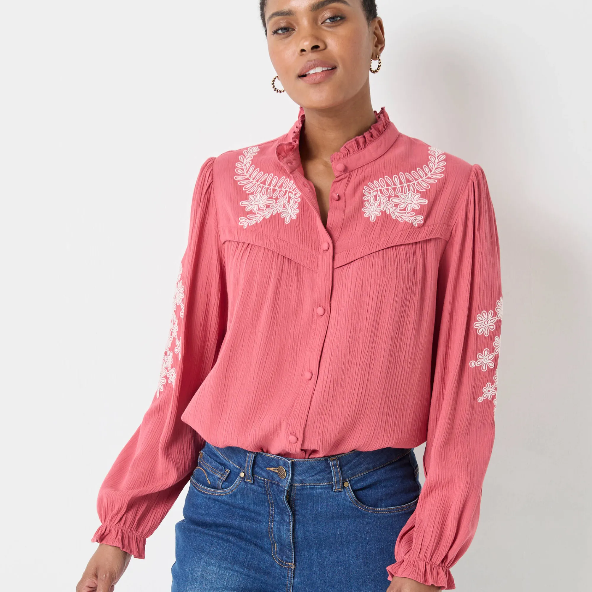 Bloes En Tuniek<Blancheporte Geborduurde bloes met ruchekraag, crepon rozenhout / ecru