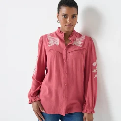 Bloes En Tuniek<Blancheporte Geborduurde bloes met ruchekraag, crepon rozenhout / ecru
