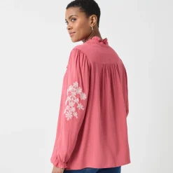 Bloes En Tuniek<Blancheporte Geborduurde bloes met ruchekraag, crepon rozenhout / ecru
