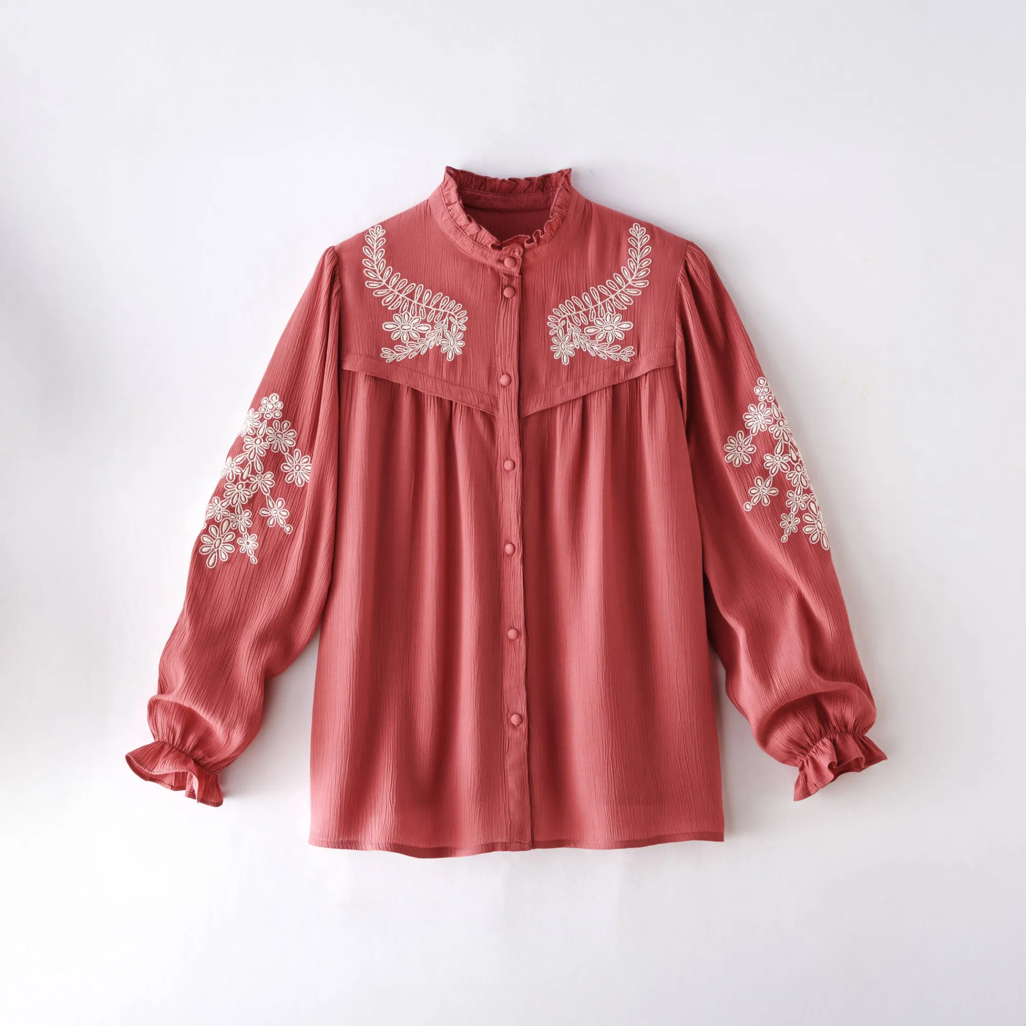 Bloes En Tuniek<Blancheporte Geborduurde bloes met ruchekraag, crepon rozenhout / ecru