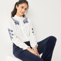 Bloes En Tuniek<Blancheporte Geborduurde bloes met ruchekraag, crepon ecru / marine