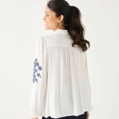 Bloes En Tuniek<Blancheporte Geborduurde bloes met ruchekraag, crepon ecru / marine