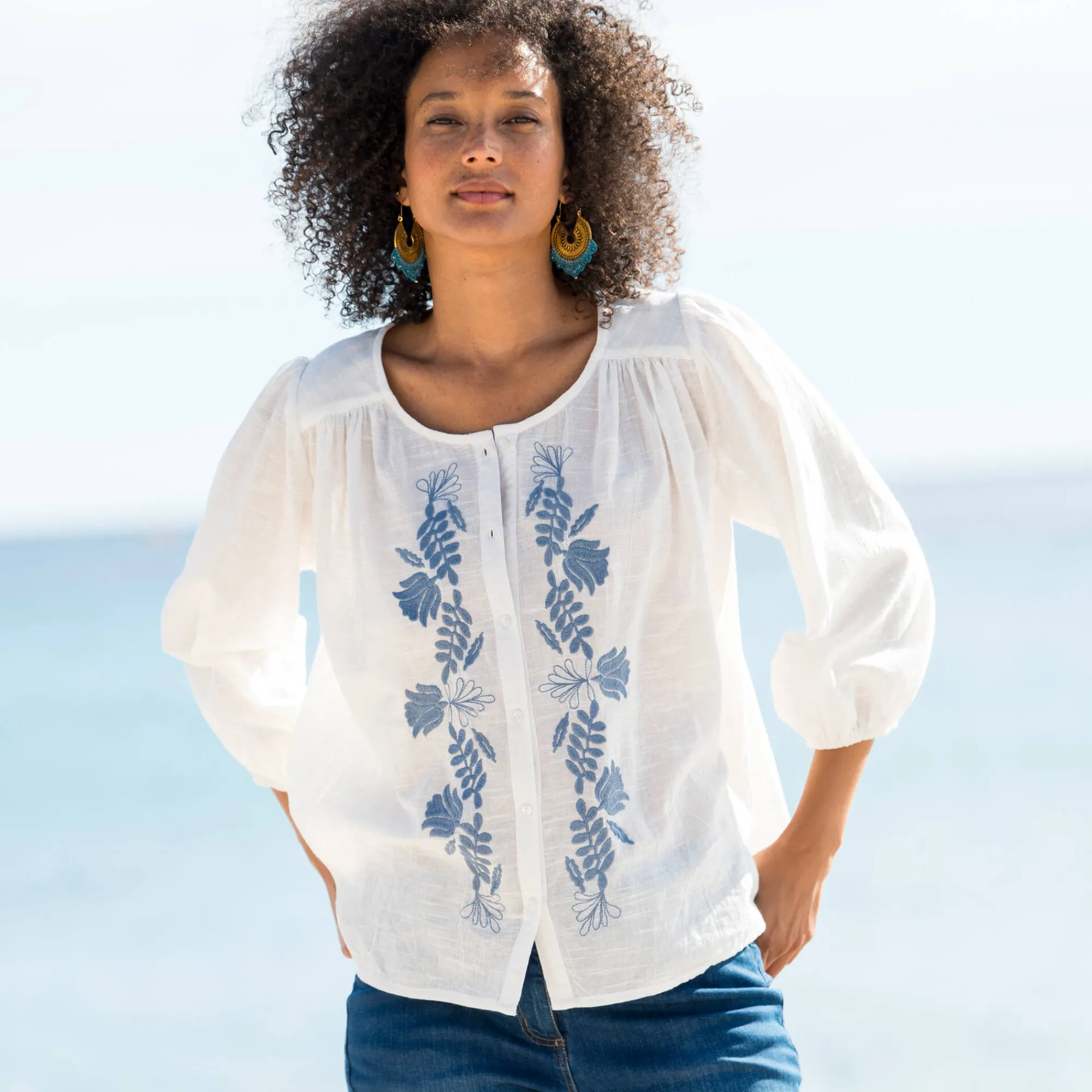Bloes En Tuniek<Blancheporte Geborduurde bloes, 3/4-mouwen ecru / blauw