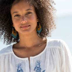 Bloes En Tuniek<Blancheporte Geborduurde bloes, 3/4-mouwen ecru / blauw