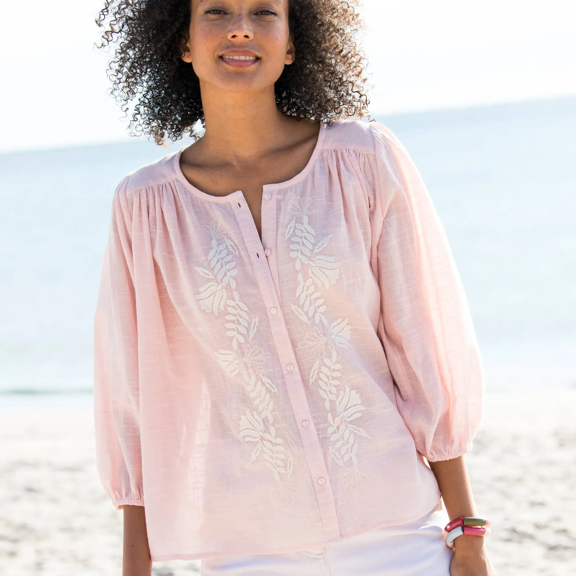 Bloes En Tuniek<Blancheporte Geborduurde bloes, 3/4-mouwen grijsroze / ecru