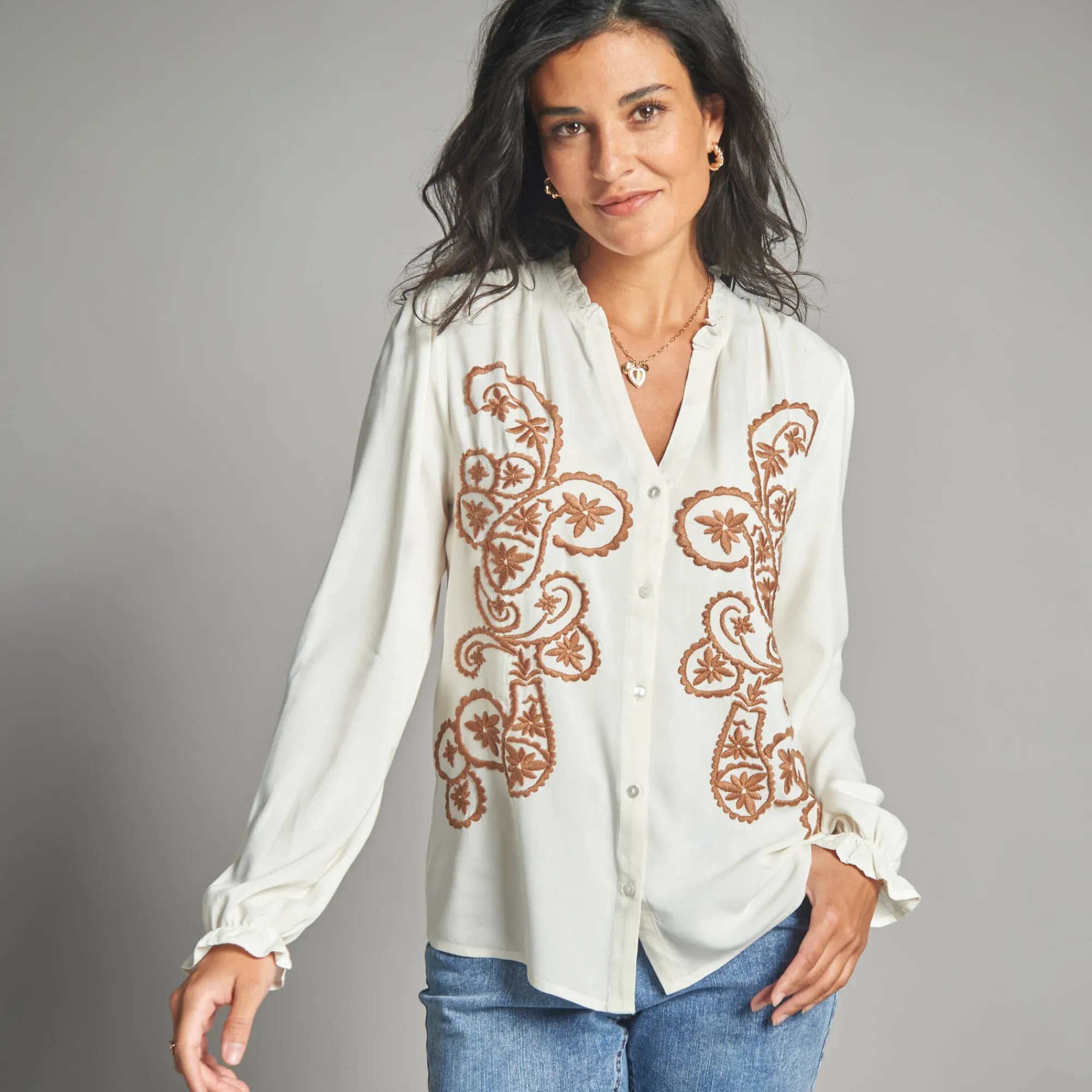 Bloes En Tuniek<Lora Zellini Geborduurde bloes, viscose ecru / karamel