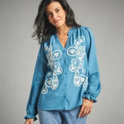 Bloes En Tuniek<Lora Zellini Geborduurde bloes, viscose grijsblauw / ecru