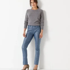 Broek<Blancheporte Gecoate rechte broek grijsblauw