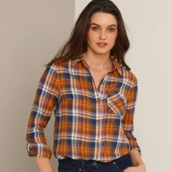 Bloes En Tuniek<Blancheporte Geruit hemd in flanel honing / blauw