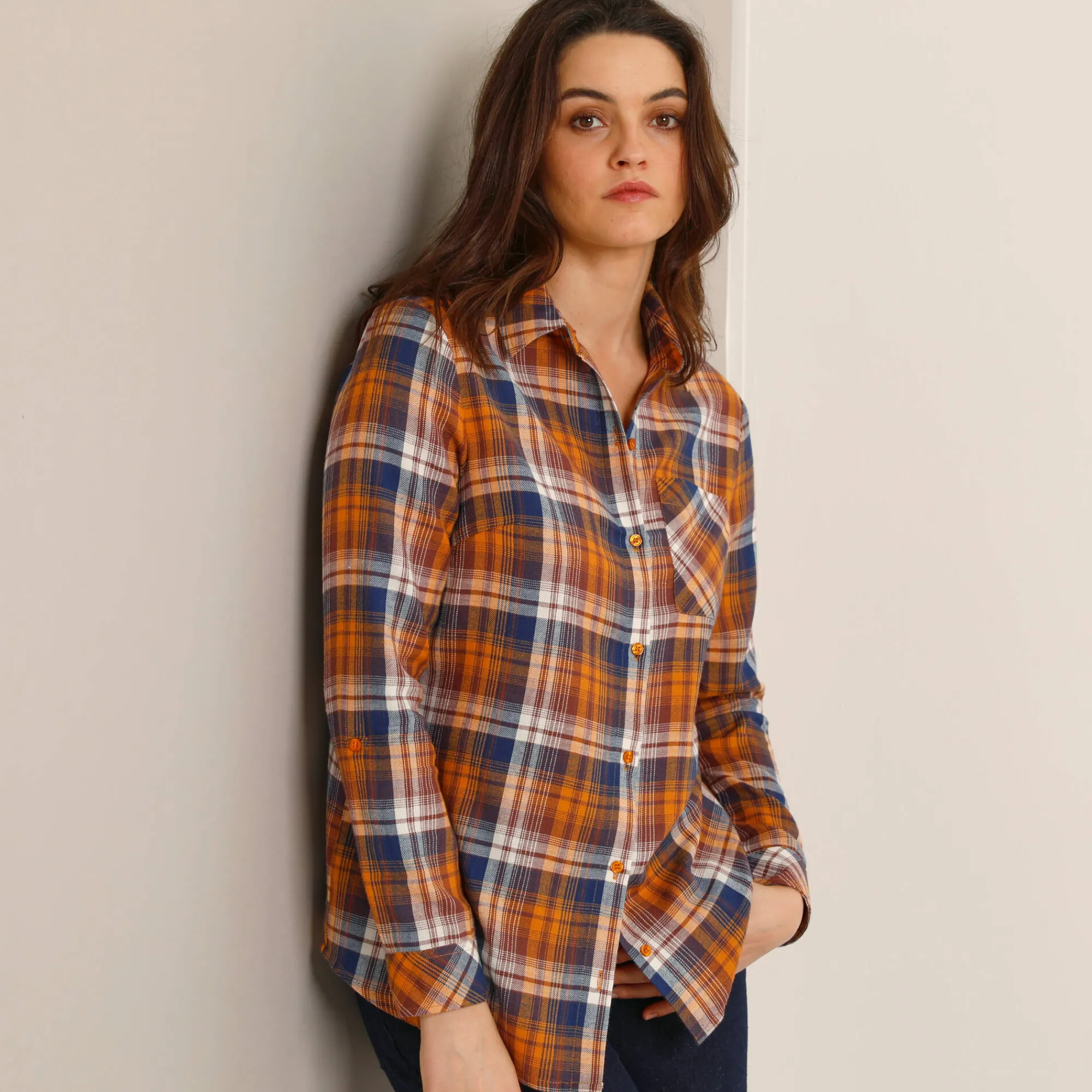 Bloes En Tuniek<Blancheporte Geruit hemd in flanel honing / blauw