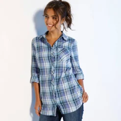 Bloes En Tuniek<Blancheporte Geruit hemd in flanel blauw / paars