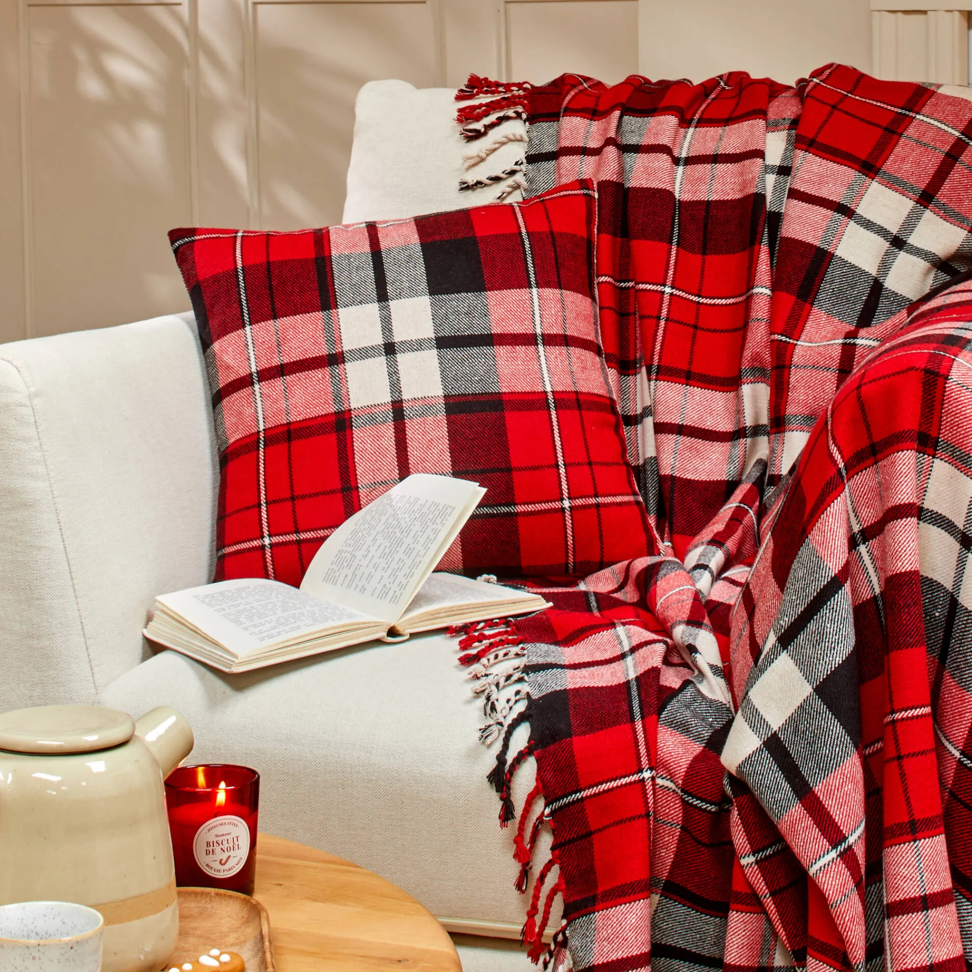 Feestdecoratie|Kussen<Blancheporte Geruit kussen in katoenflanel rood / grijs