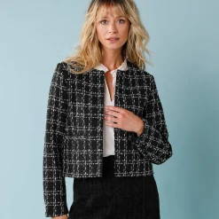 Feestoutfits Dames|Jas En Mantel<Blancheporte Geruit tweedjasje voor kleine lengtes, lange mouwen zwart