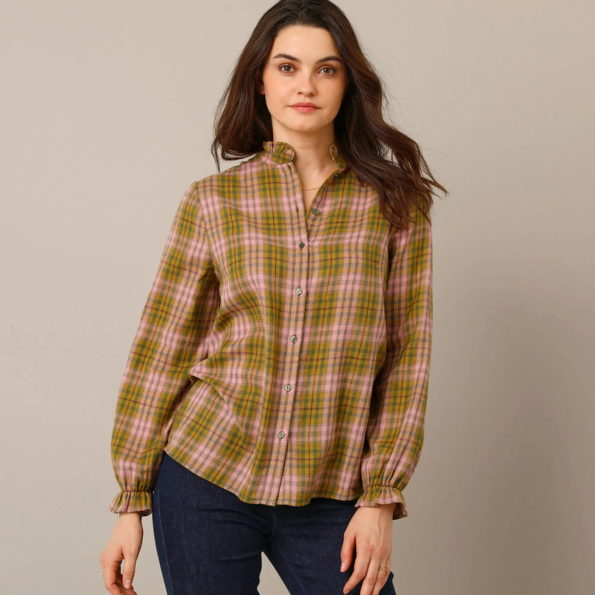 Bloes En Tuniek<Blancheporte Geruite blouse, flanel kaki / roze
