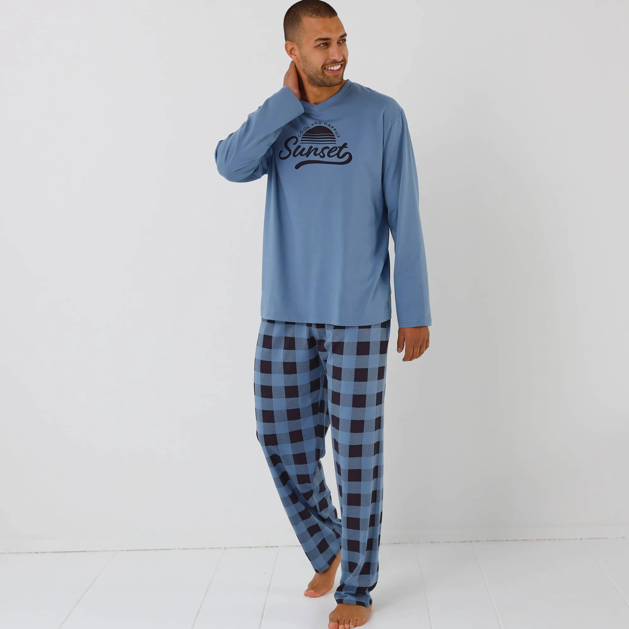 Pyjama En Kamerjas<Blancheporte Geruite pyjama in katoen met lange mouwen grijsblauw