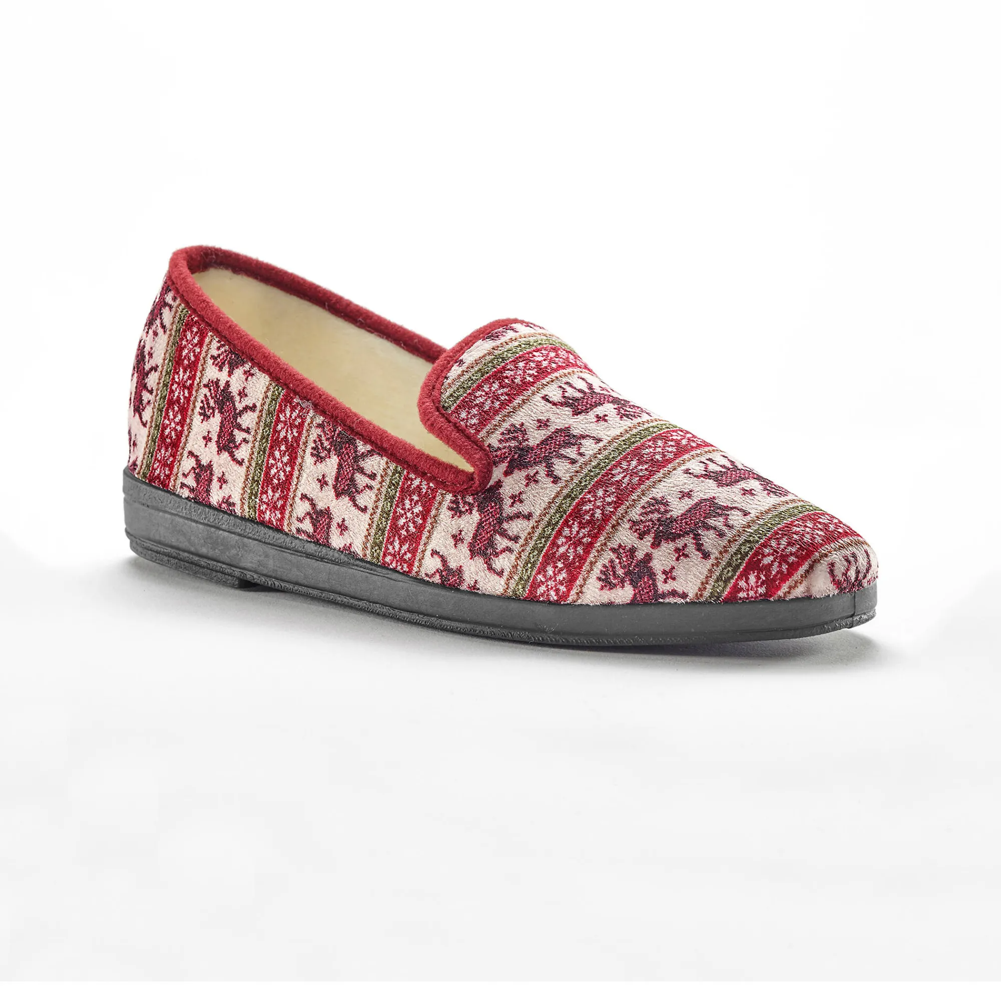 Sloffen|Sloffen<Blancheporte Gesloten pantoffels met winterse print en nepbontvoering bordeaux