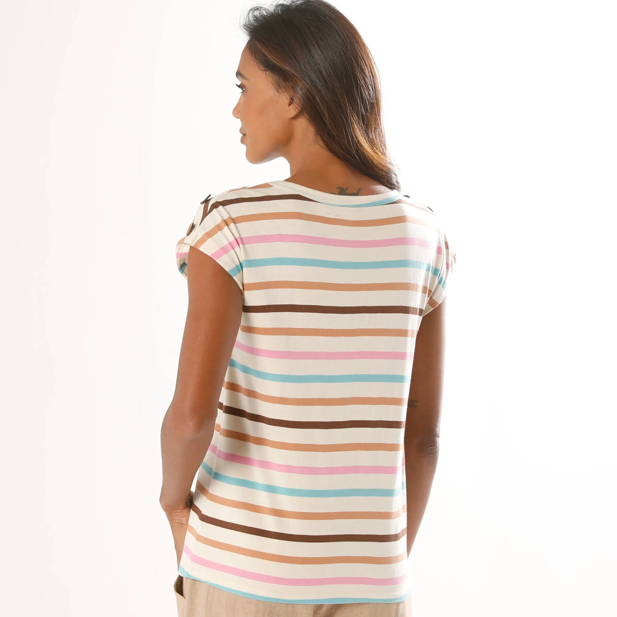 T-Shirt En Topje<Blancheporte Gestreept T-shirt met knoopdetail in jerseytricot ecru / veelkleurig