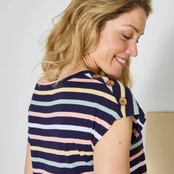 T-Shirt En Topje<Blancheporte Gestreept T-shirt met knoopdetail in jerseytricot marine / veelkleurig