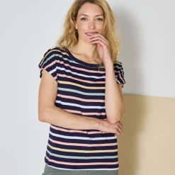 T-Shirt En Topje<Blancheporte Gestreept T-shirt met knoopdetail in jerseytricot marine / veelkleurig